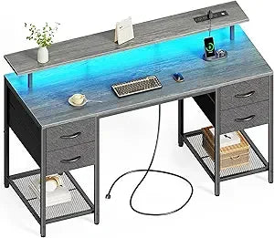 55 Inch Computer Desk with Drawers LED Lights Power Outlets Gaming Desk