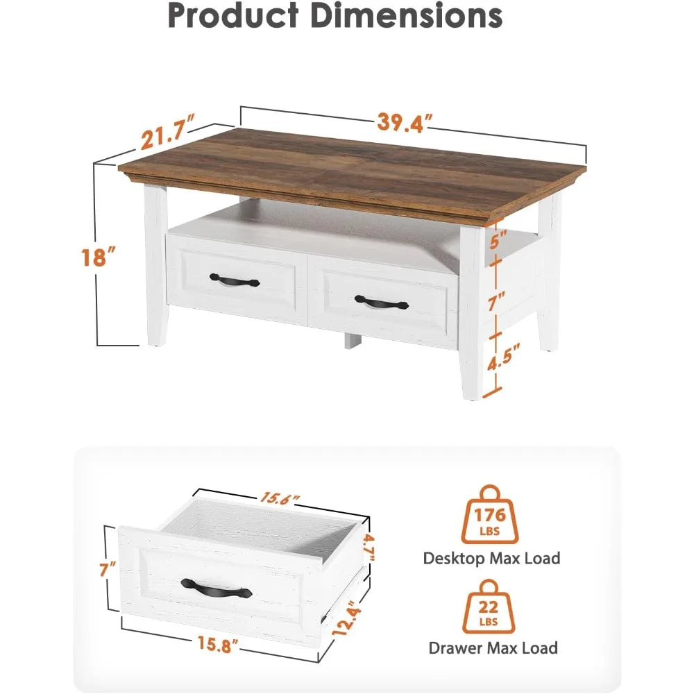 Coffee Table Storage Rustic Organizer 39.4" Modern Living Room Furniture