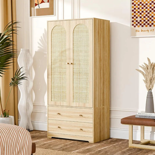 Ljustra Rattan Wardrobe Closet with Doors Drawers Hanging Rod Storage