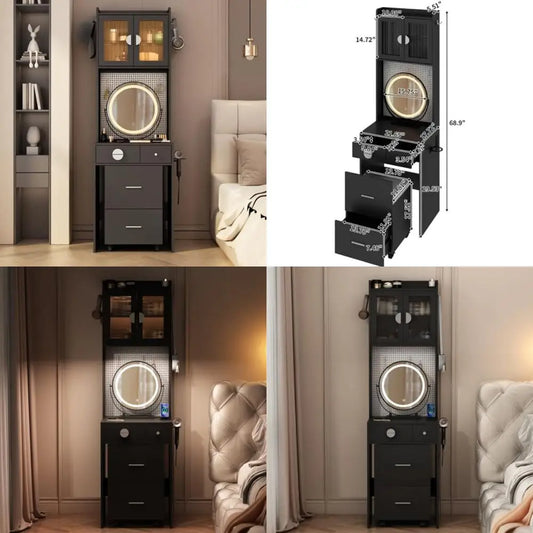 contemporary makeup vanity set with illuminated mirror and storage