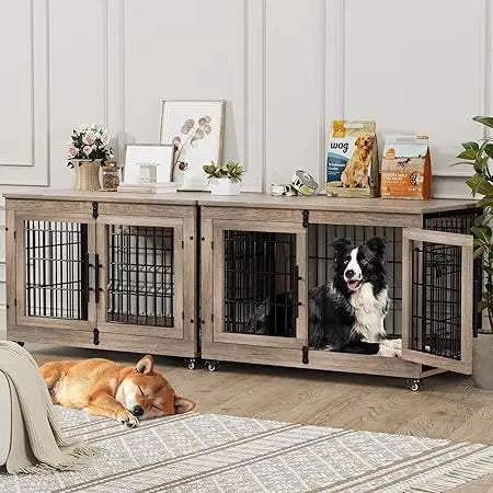 Ljustra Dog Crate Furniture with Cushion Set of 2 Large Wooden Kennel