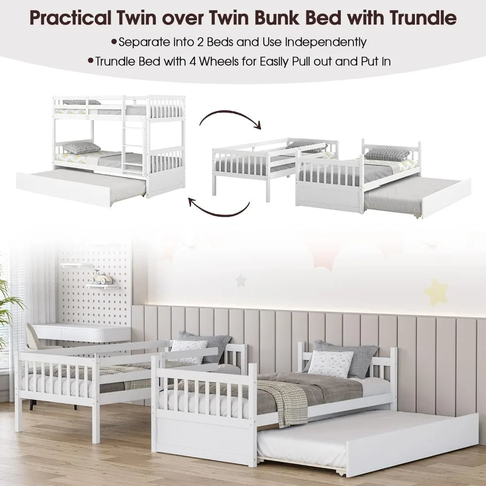Twin Over Twin Bunk Bed with Trundle Solid Wood Convertible Frame