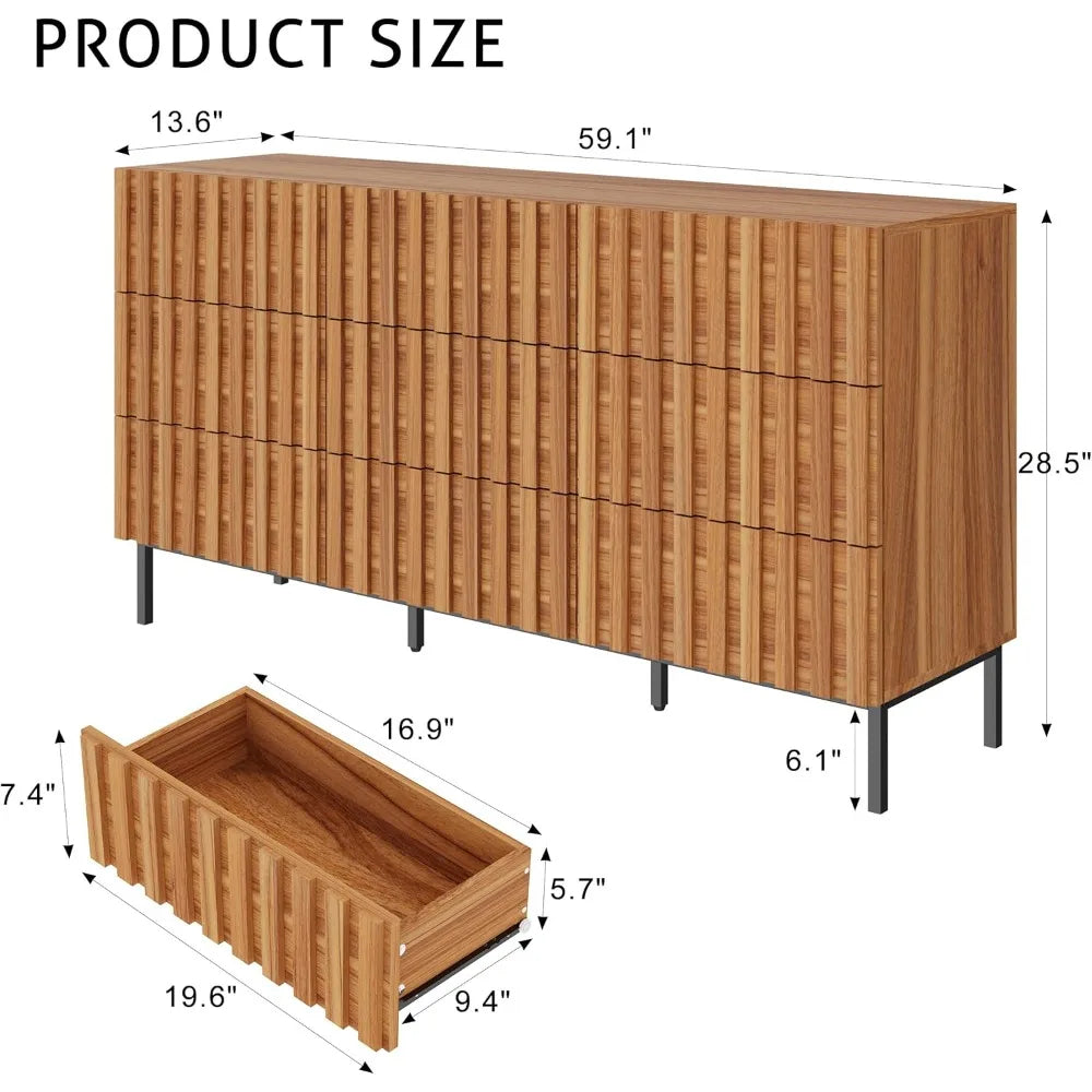 Fluted Dresser 59" Wide 9 Drawer Mid Century Modern Wood Chest