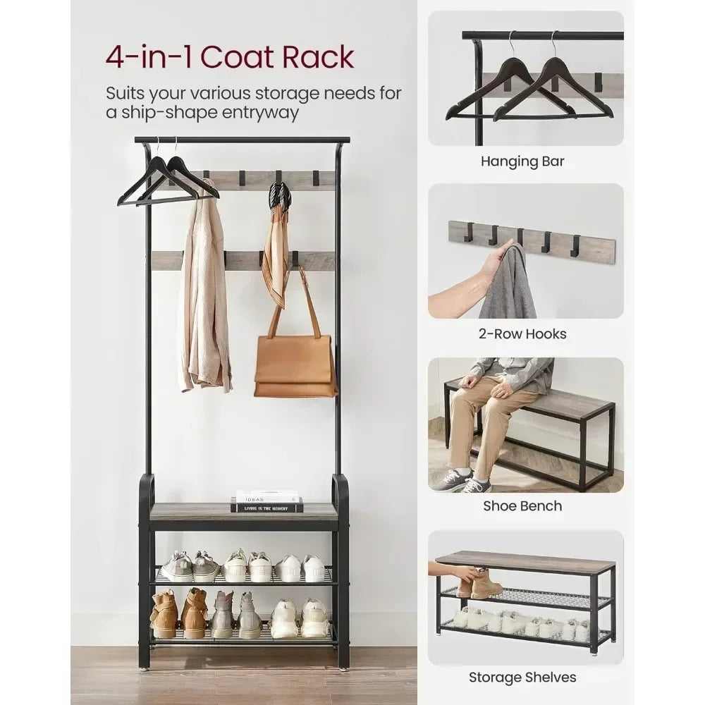 4-in-1 Coat Hanger Entryway Bench with Hooks and Storage Organizer