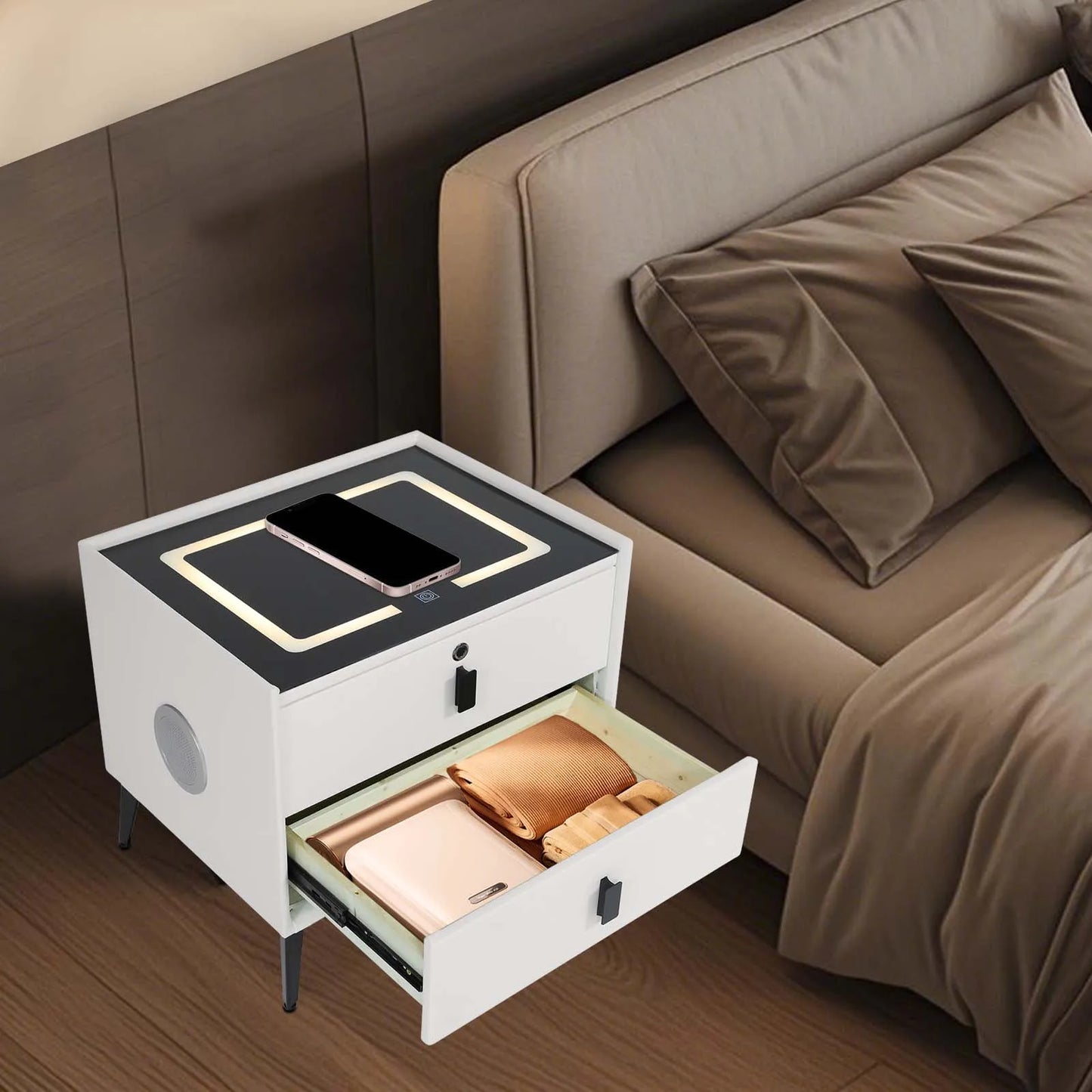 Smart Bedside Table with Bluetooth Speaker USB Wireless Charging and Light