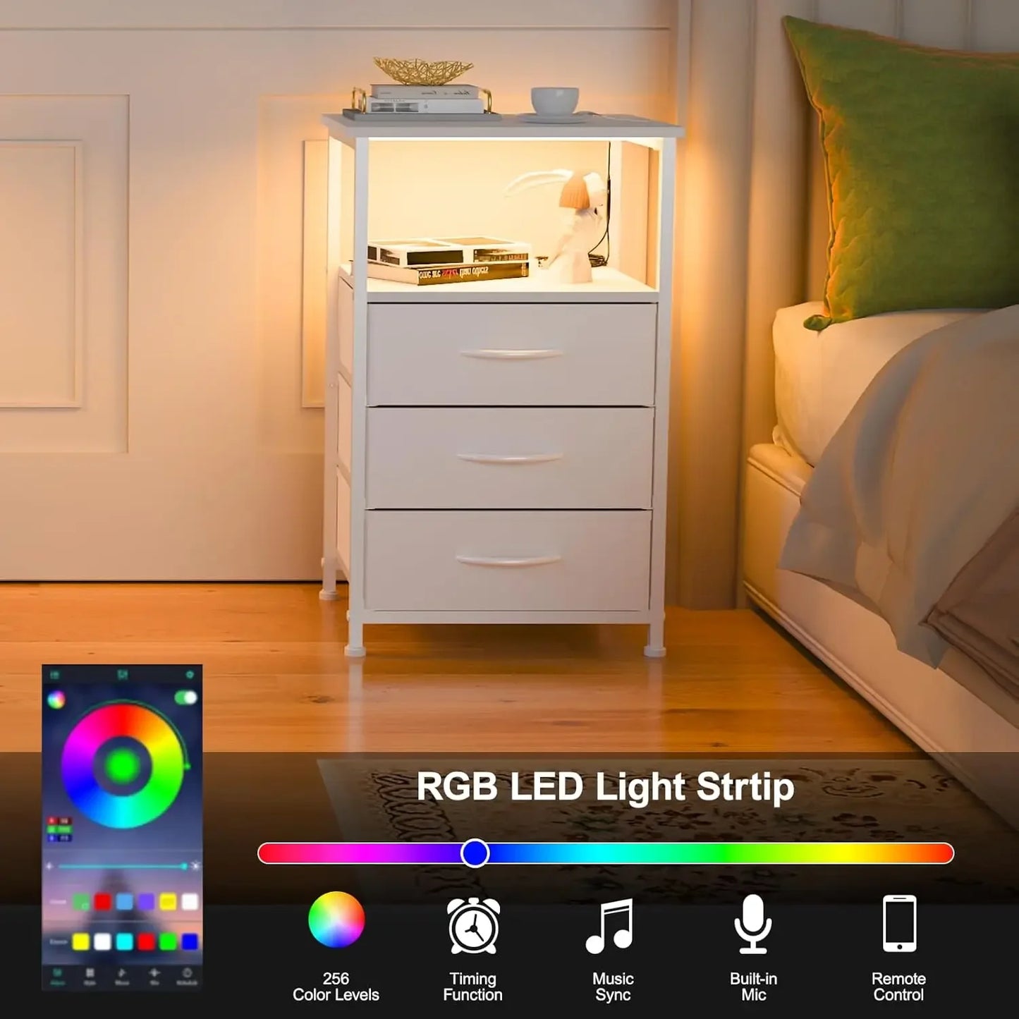 Nightstand with LED Light and 3 Drawers Modern Bedside Table for Bedroom