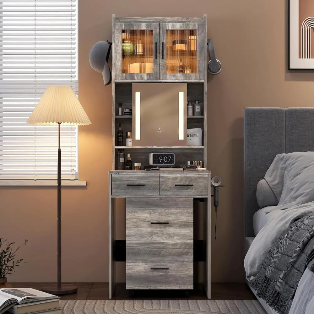 Small Vanity Desk Set Lighted Mirror Makeup Table Compact Storage