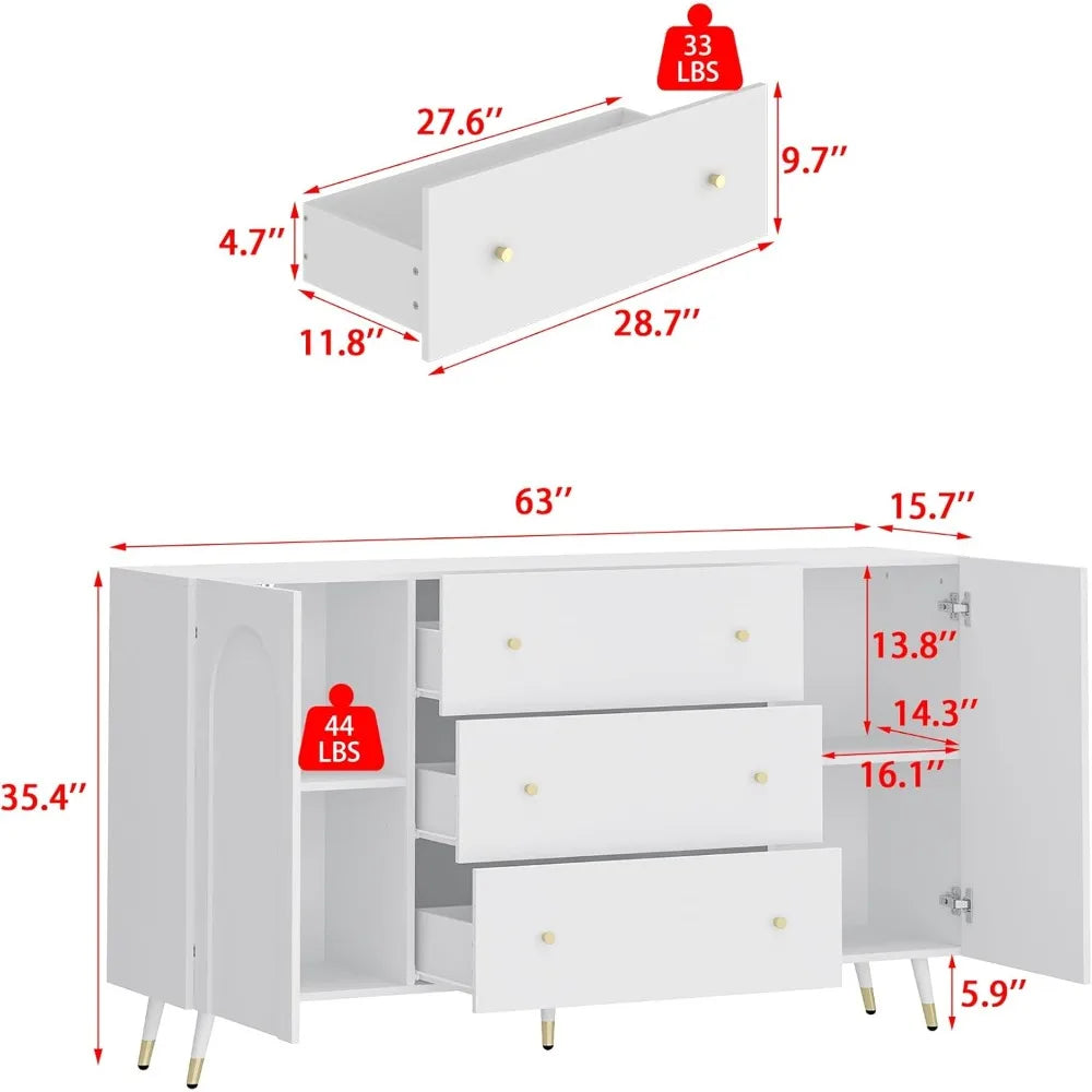 63 Inch White Sideboard Buffet Storage Cabinet Modern Wooden Credenza