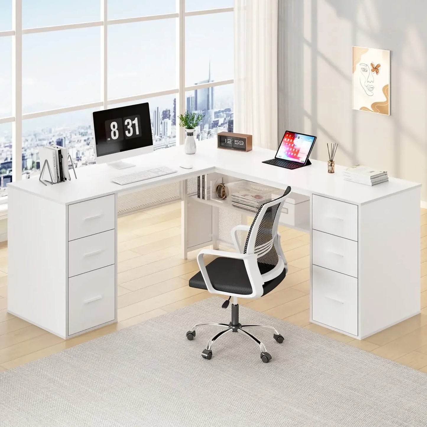 Large L Shaped Home Office Desk with Drawers Rustic Computer Desk
