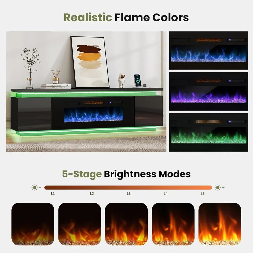 Fireplace TV Stand for 85 Inch TVs with RGB LED Lights and 4 Outlets