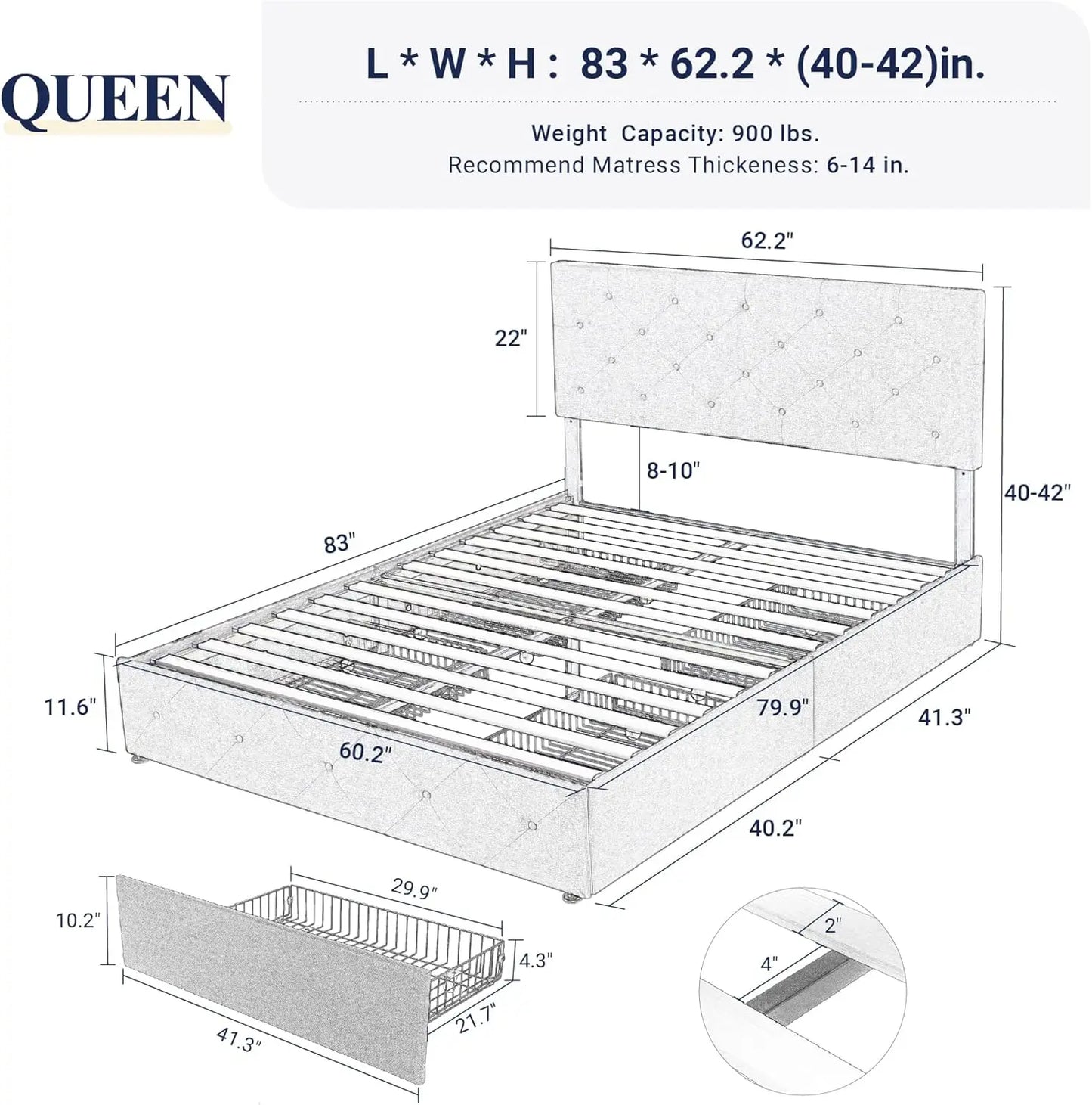 Queen Size Platform Bed Frame with Storage Drawers and Adjustable Headboard