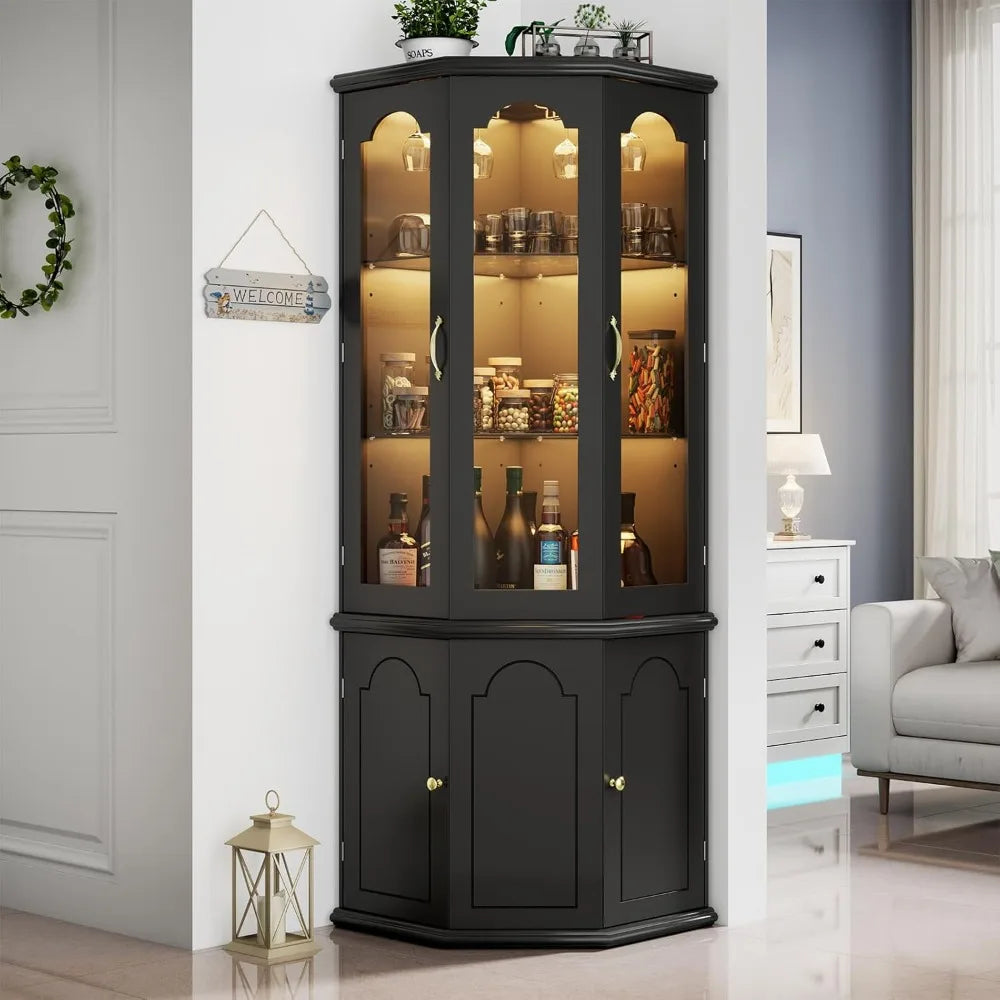 Modern Tall Wine Cabinet with LED Lights Adjustable Shelves Storage
