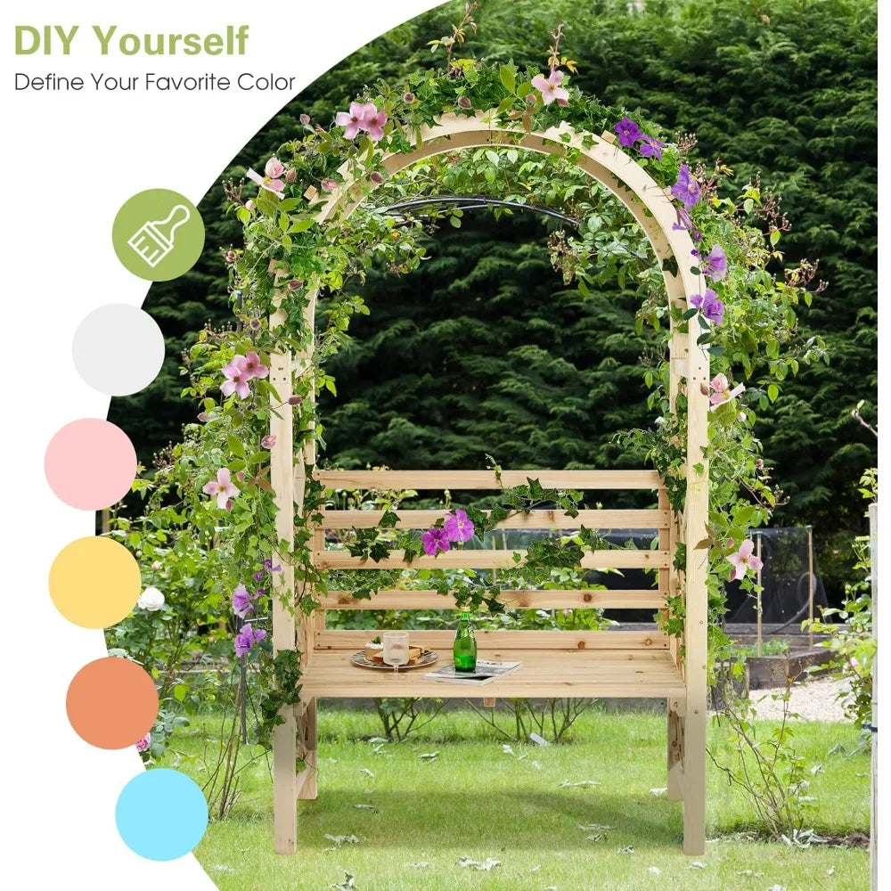 Ljustra 81.5 Inch Wooden Garden Arch with 2 Person Bench Outdoor Decor
