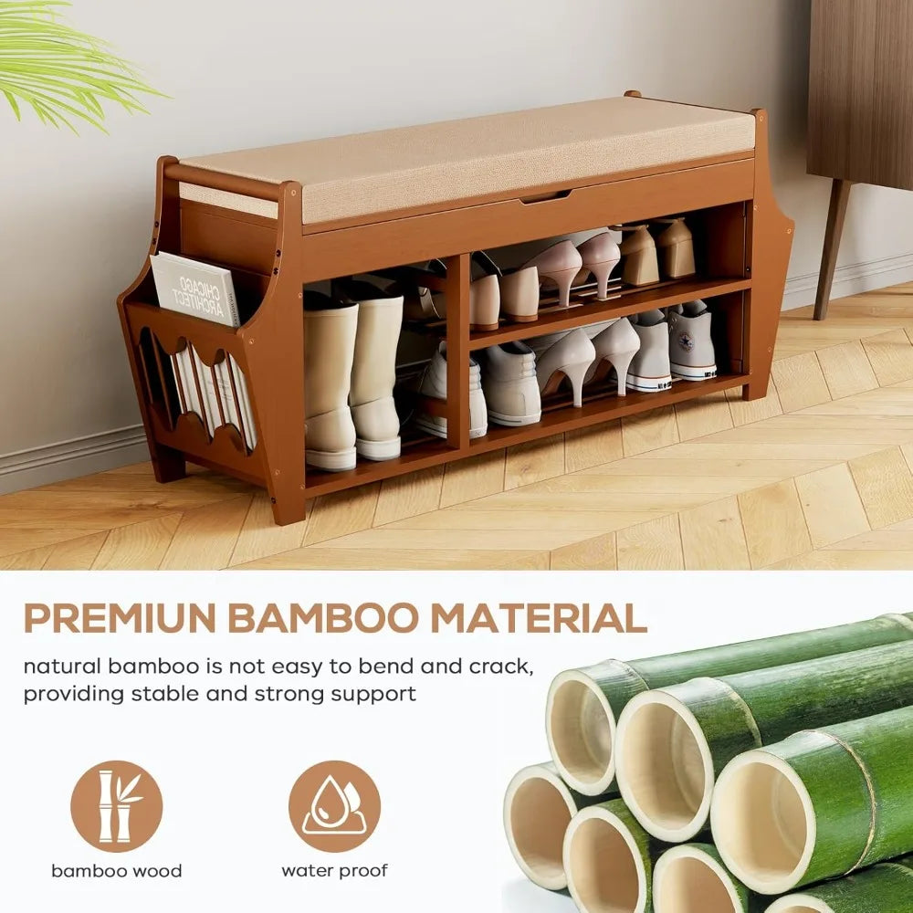 39.4in Bamboo Shoe Bench with Storage Cushion Entryway Organizer