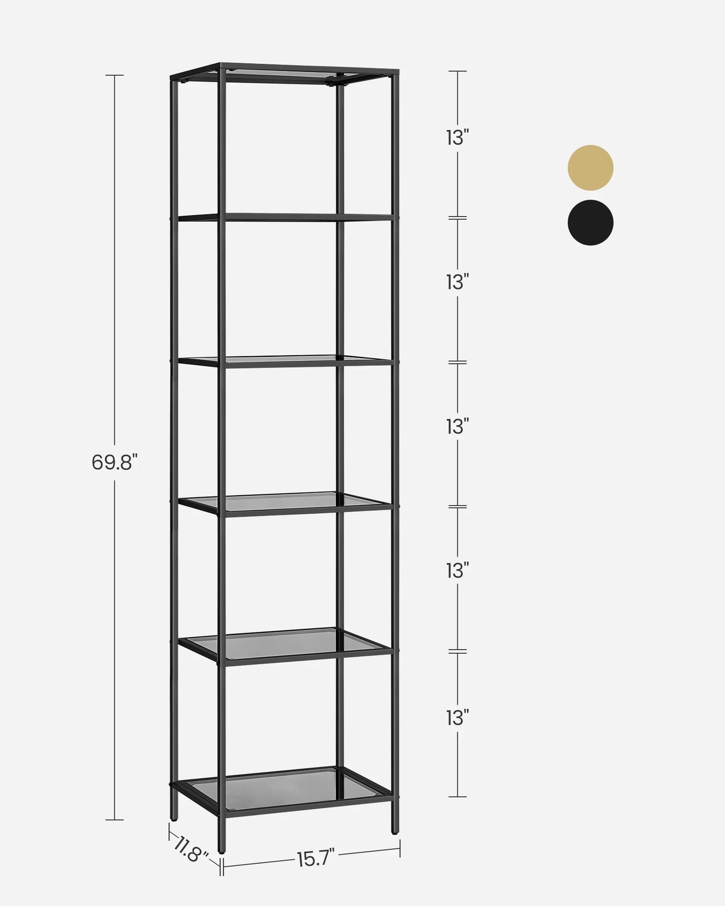 Ljustra 6-Tier Slim Bookshelf Tempered Glass Steel Frame Modern Design