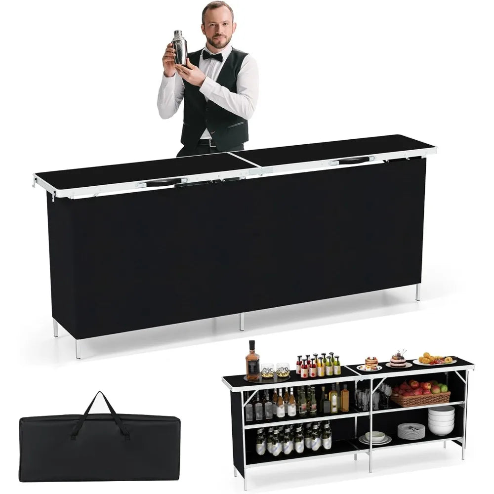81 Inch Extra Long Portable Bar Table with Storage Shelves Folding Station