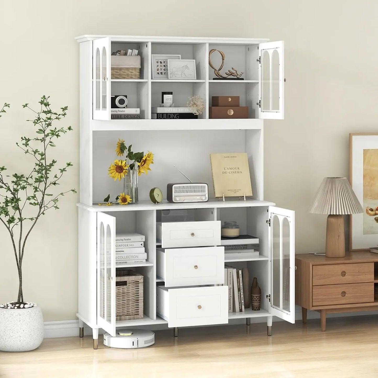 Large Kitchen Pantry Cabinet Buffet Hutch with LED Lights and Drawers