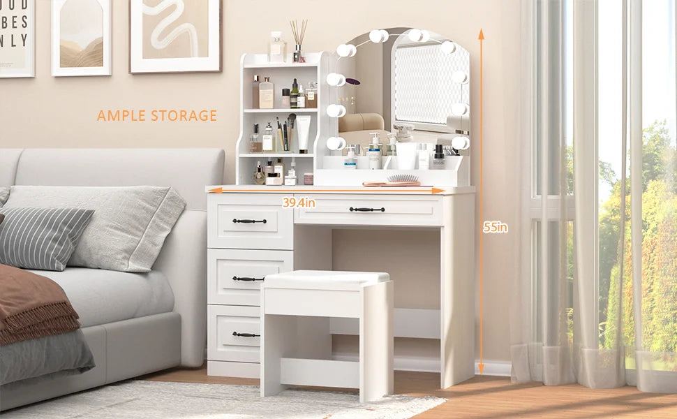 Makeup Vanity Desk with Lights and Drawers Large Storage White Set
