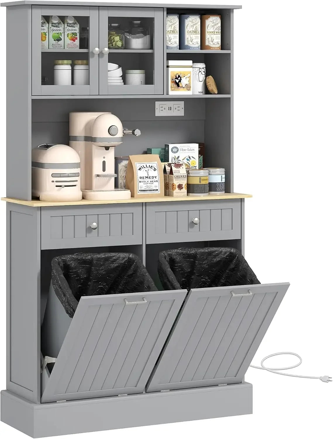68 Inch Kitchen Pantry Cabinet with Charging Station and Trash Can Storage