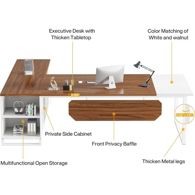 L-Shaped Executive Desk with File Cabinet Home Office Storage Solution