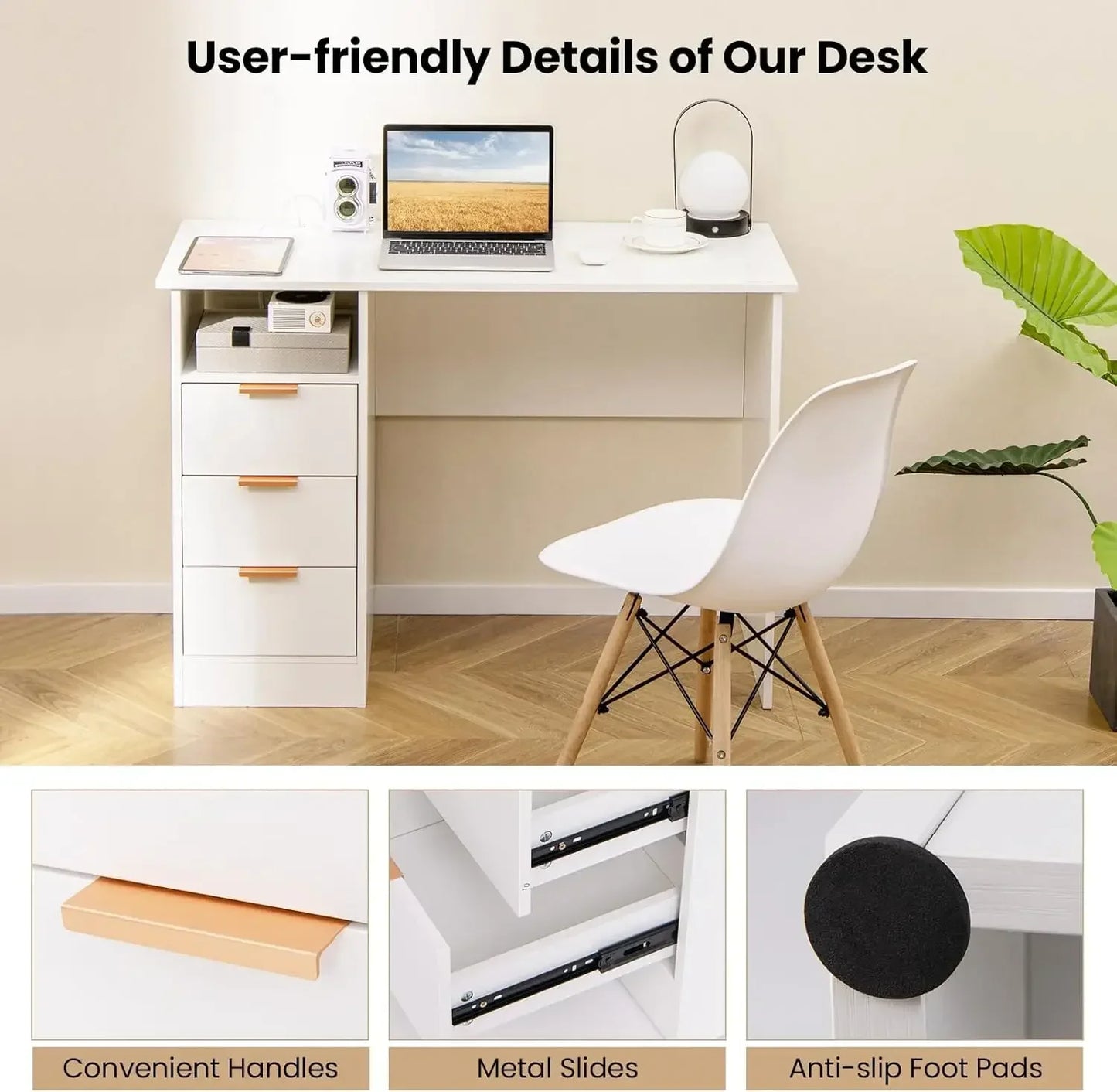 Modern Home Office Desk with 3 Drawers and Built-in Charging Station
