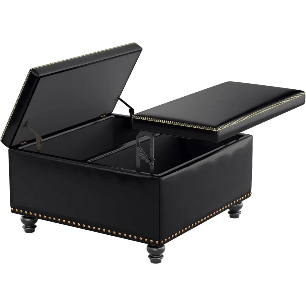Square Storage Ottoman Faux Leather Lift Top Multi-Purpose Living Room