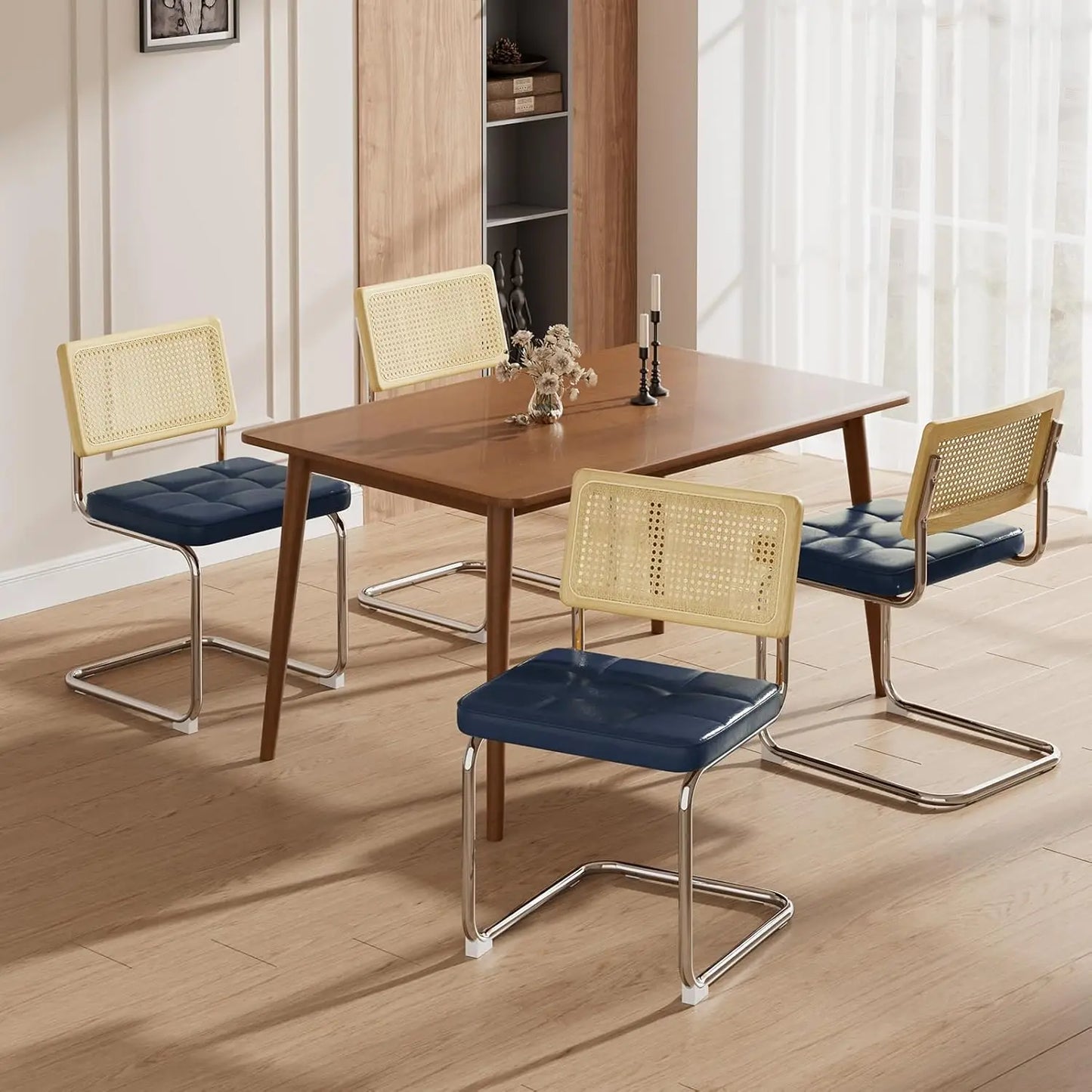 Modern Dining Chairs Set of 4 Faux Leather Cane Back Metal Legs Rattan