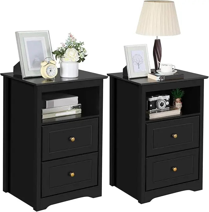 Nightstand Set of 2 Wooden Bedside Tables with Drawers for Small Spaces
