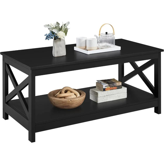 Wood 2-Tier Coffee Table with Storage Shelf Modern X Design Living Room