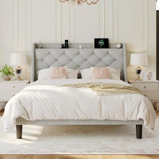 Full Size Bed Frame Wingback Tufted Storage Headboard with AC Ports
