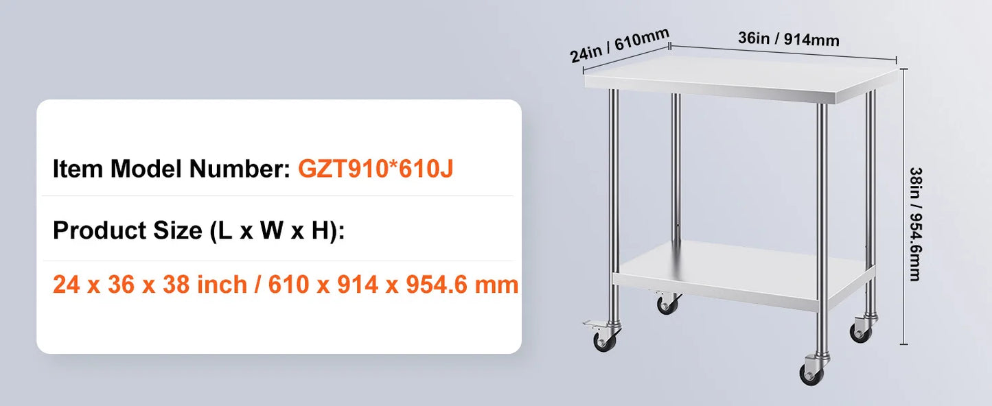 Heavy Duty Stainless Steel Work Table with Wheels Adjustable Height