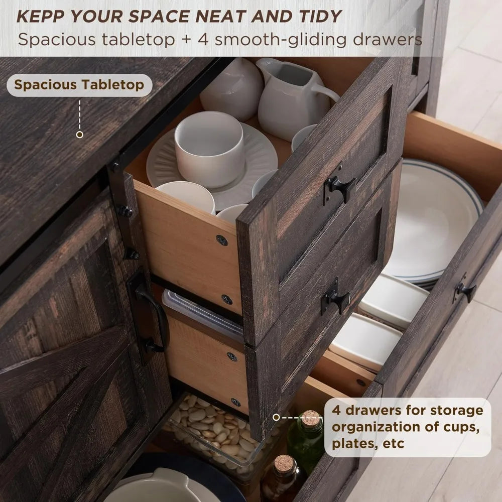 Farmhouse Buffet Cabinet with Sliding Barn Doors and 4 Drawers 31.2 Inch