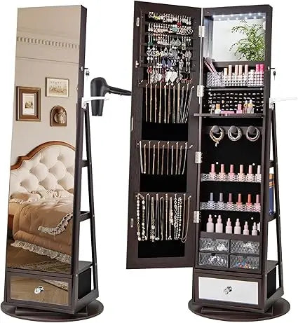 360 Swivel Jewelry Cabinet Armoire Full Length Mirror Organizer LED