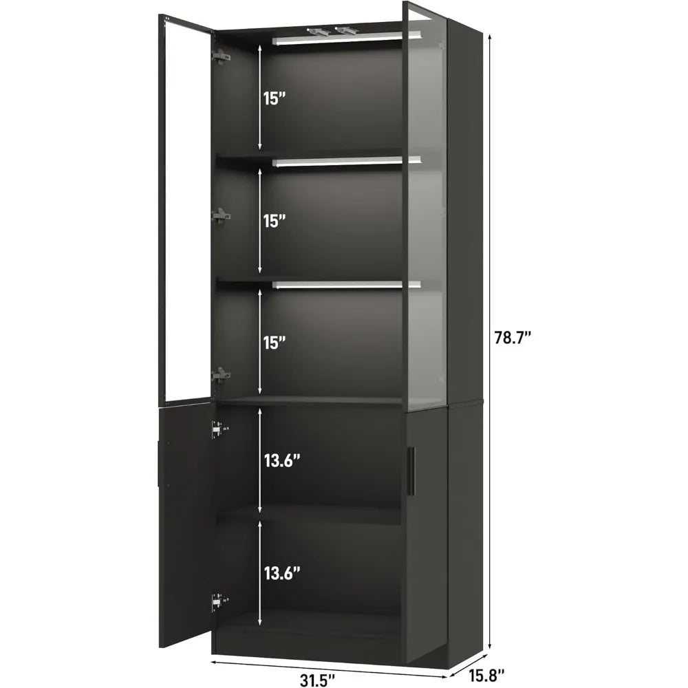 79 Inch Tall Display Cabinet with LED Lights and Pop-up Glass Doors
