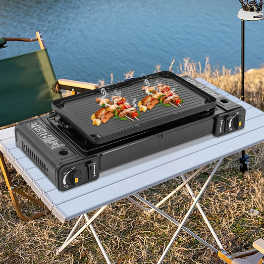 Ljustra Portable Dual Burner Camping Stove with Grill Tray and Case