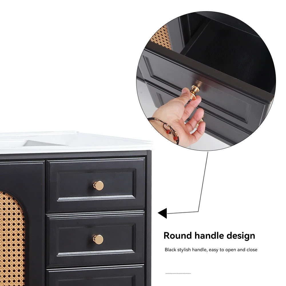 36 Inch Bathroom Vanity with Ceramic Basin Rattan Storage Cabinet