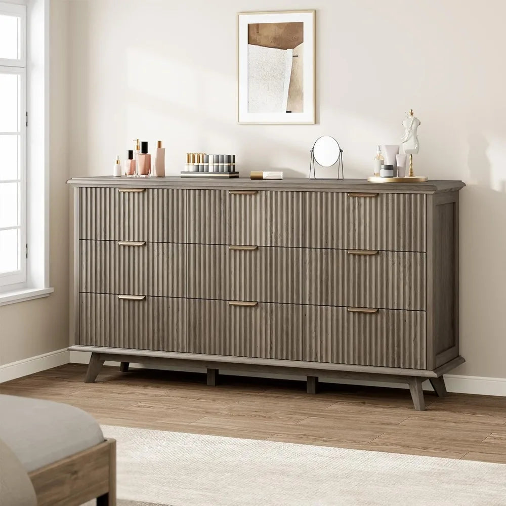 Fluted 9 Drawer Dresser Modern Chest of Drawers Storage Organizer