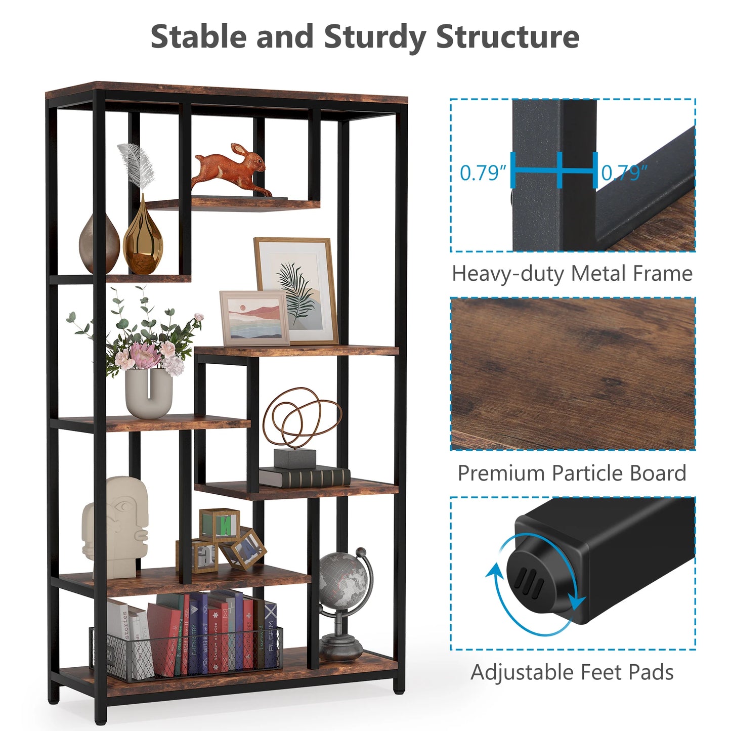 Ljustra Modern 8-Tier Staggered Bookcase Wide Wood Etagere Shelving Unit