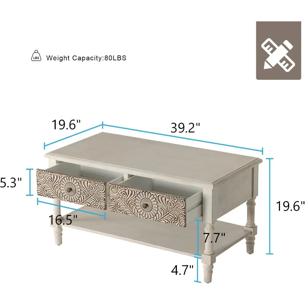 Coffee Table with 2 Storage Drawers Vintage Farmhouse Wood Center Table