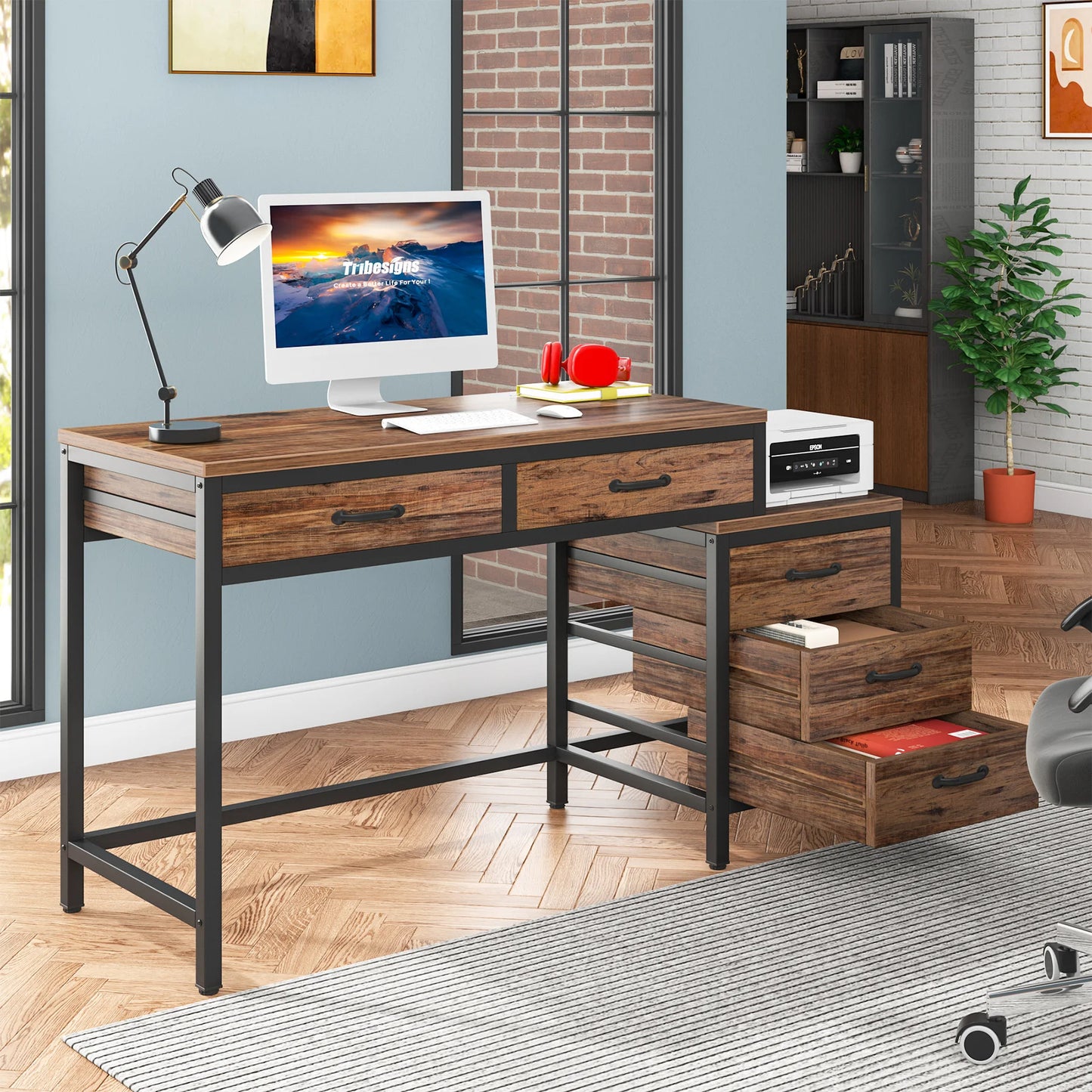 Ljustra 59 Inch Computer Desk with 3 Drawers Industrial Workstation