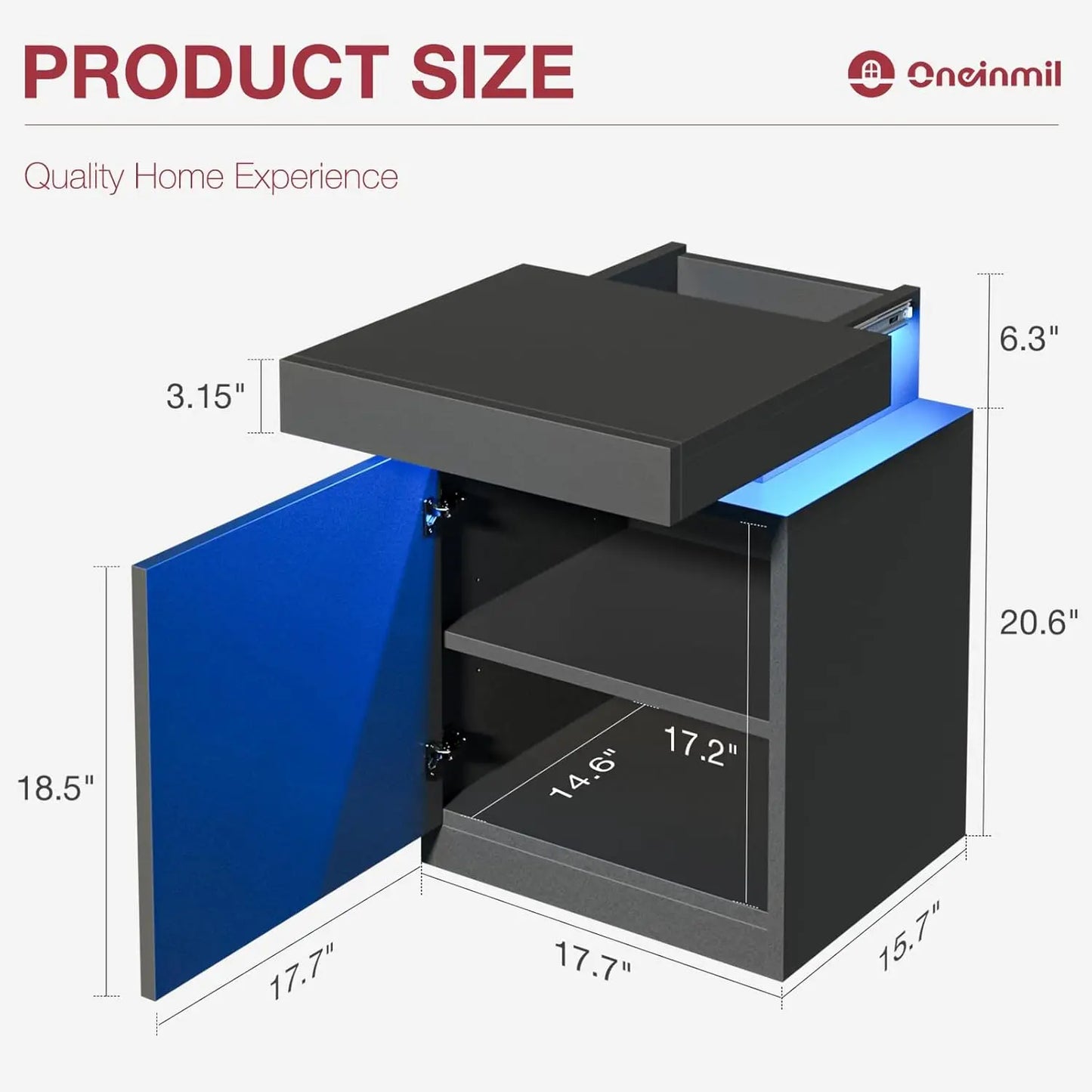 Nightstand Set of 2 LED Lights Charging Station Storage Modern Bedside Table
