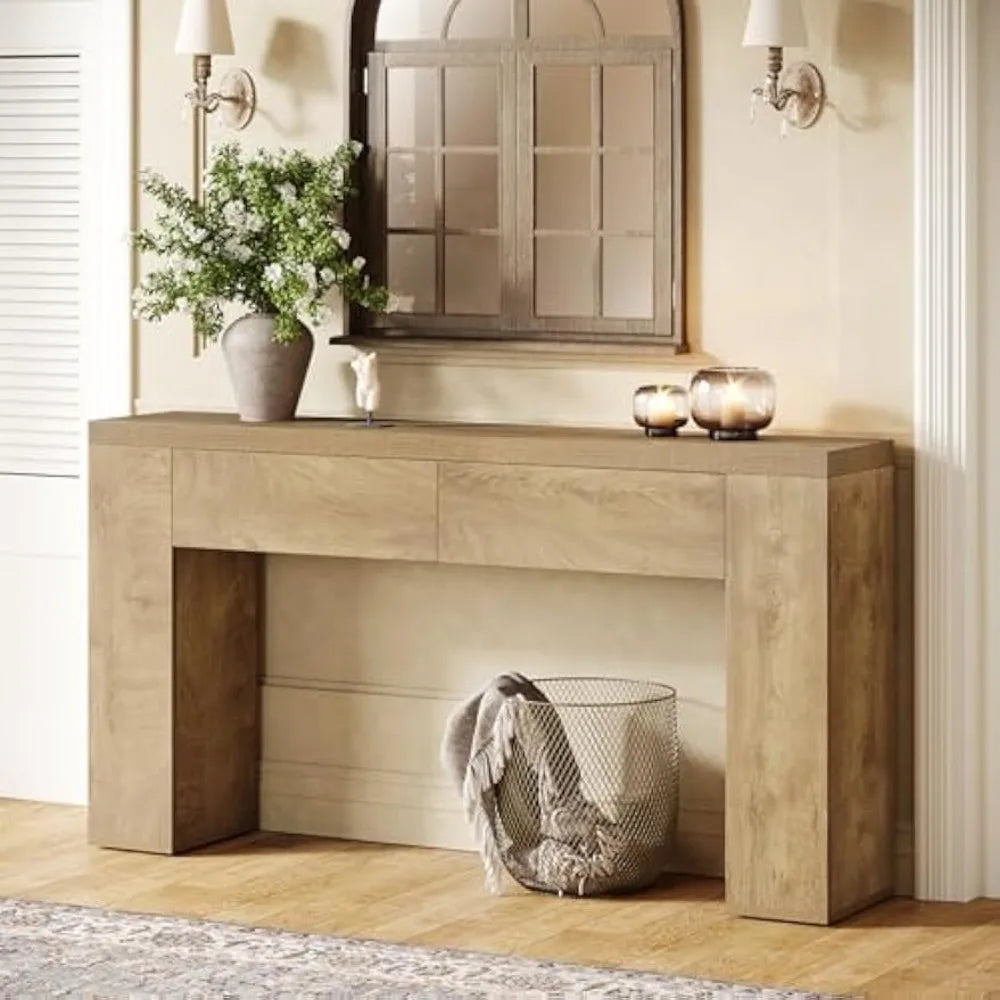 63 Inch Wooden Console Table with Hidden Drawers Rustic Farmhouse Style