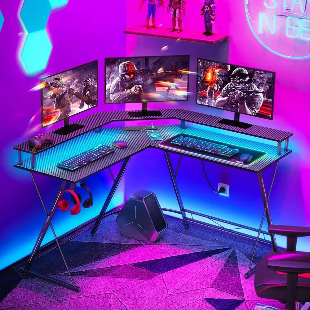 L Shaped Gaming Desk With LED Lights Power Outlets Monitor Stand