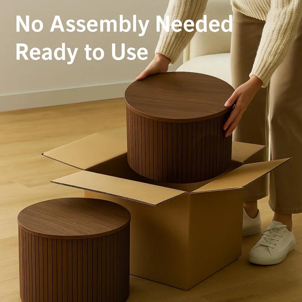 Round Nesting Storage Side Table Set of 2 Modern Wood Accent Tables