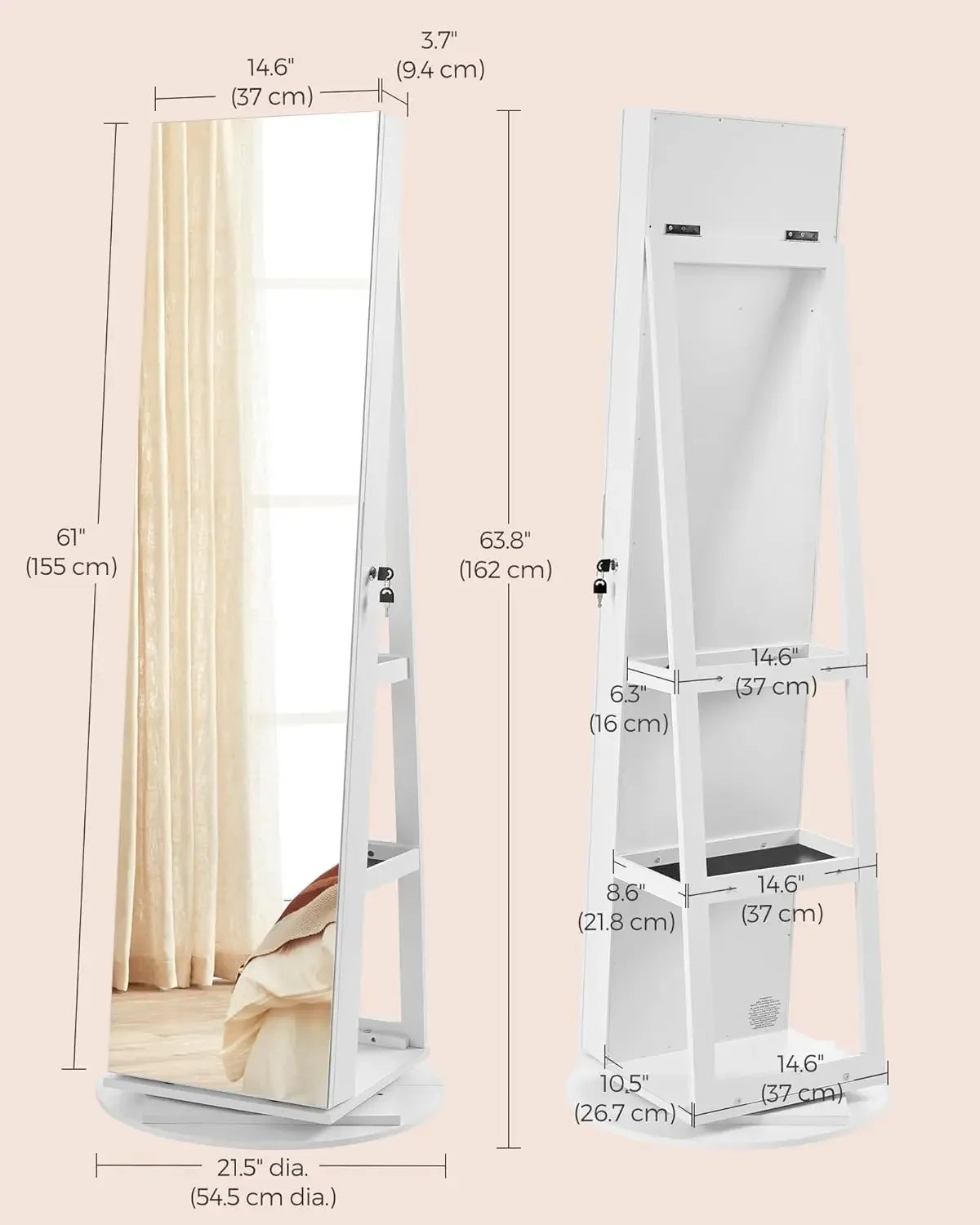 Ljustra 6 LED Lockable Mirror Jewelry Cabinet 360° Swivel Organizer Armoire