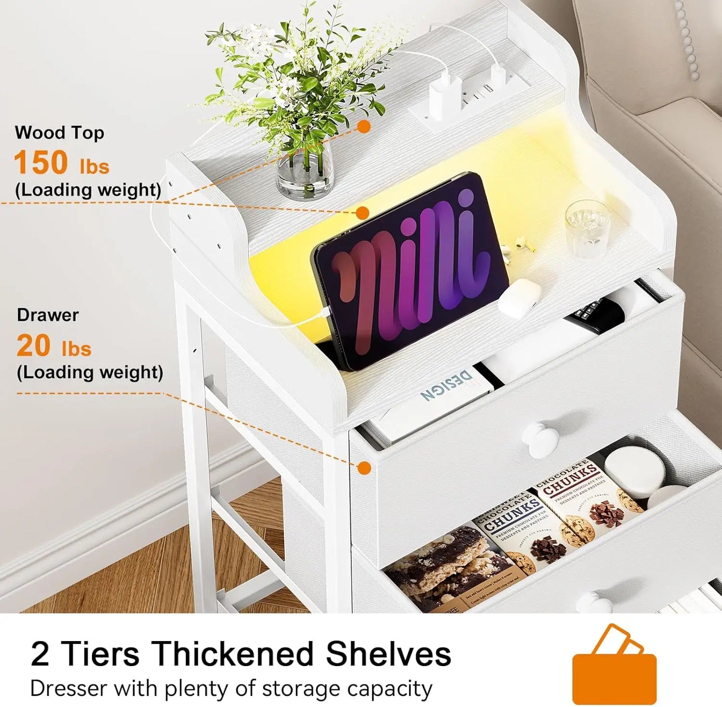 Dresser Bedroom Charging Station LED Lights 6 Drawers Tall Night Stand