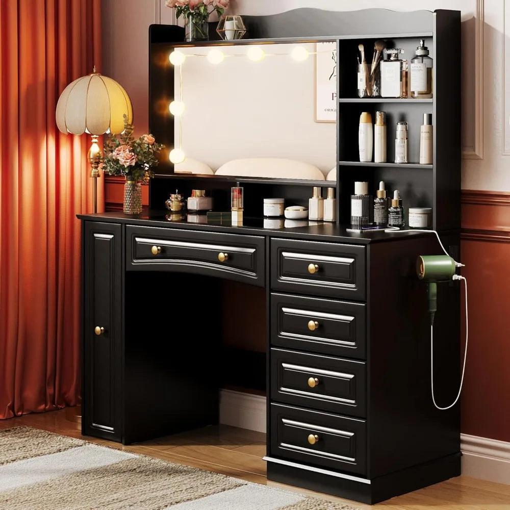 Makeup Vanity with Mirror and Lights Large Black Dressing Table