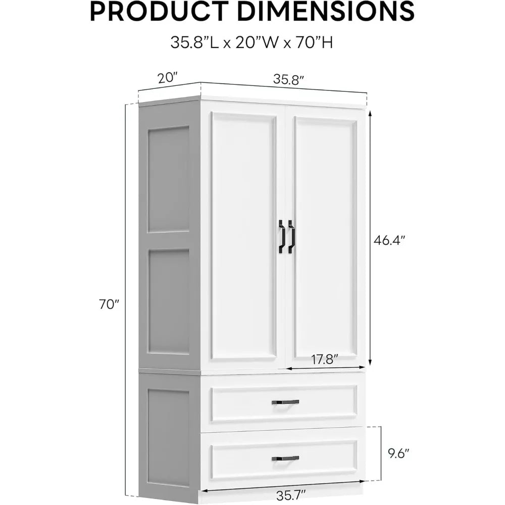 Armoire Wardrobe Closet 2 Doors 2 Drawers 70" H 36" W Wooden Storage
