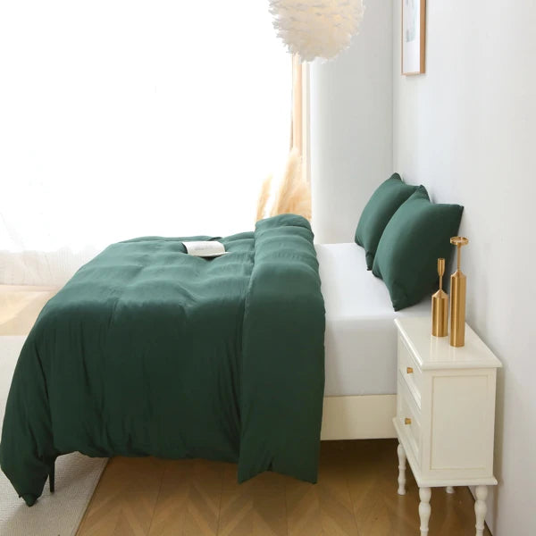 3 Pieces Solid Color Bedding Set Duvet Cover Pillow Shams Queen Green