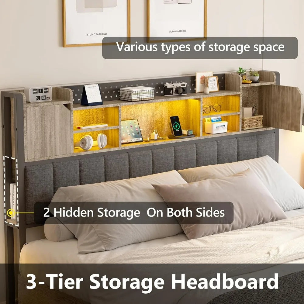 Full Bed Frame with Storage Drawers Bookcase Headboard USB LED Lights
